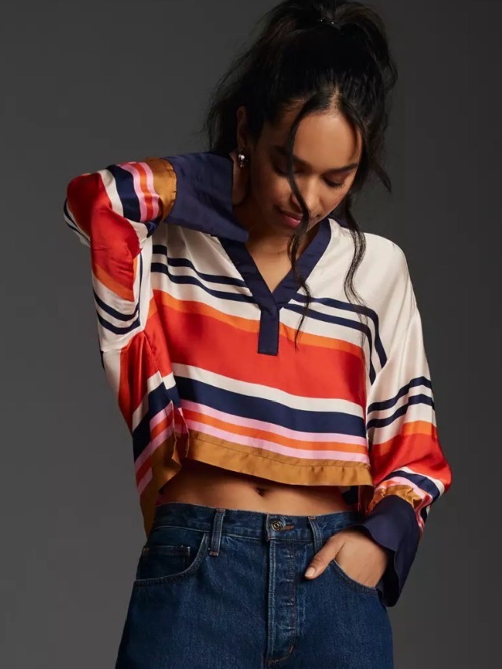 Maeve by Anthropologie Silky Rugby Popover,v-neck, multi-colored stripes. Medium